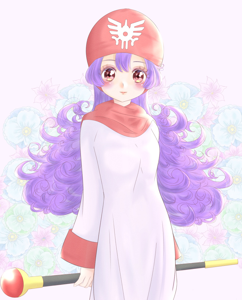 1girl absurdres blush breasts brown_eyes closed_mouth curly_hair dragon_quest dragon_quest_ii dress flower highres hood long_hair looking_at_viewer milon_cas princess princess_of_moonbrook purple_hair robe solo staff