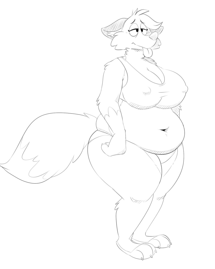 2022 3_toes anthro big_breasts breasts canid canine cheek_tuft cleavage clothed clothing deep_navel digital_media_(artwork) dipstick_tail ears_down erect_nipples erect_nipples_under_clothes facial_tuft feet female fluffy fluffy_tail fox full-length_portrait half-closed_eyes hi_res huge_breasts inner_ear_fluff mammal markings monochrome narrowed_eyes navel neck_tuft nipple_outline nipples overweight overweight_anthro overweight_female pivoted_ears portrait sketch skindentation solo standing tail_markings thick_thighs tired tired_eyes titsunekitsune toes tongue tongue_out tuft wide_hips zera_(titsunekitsune)