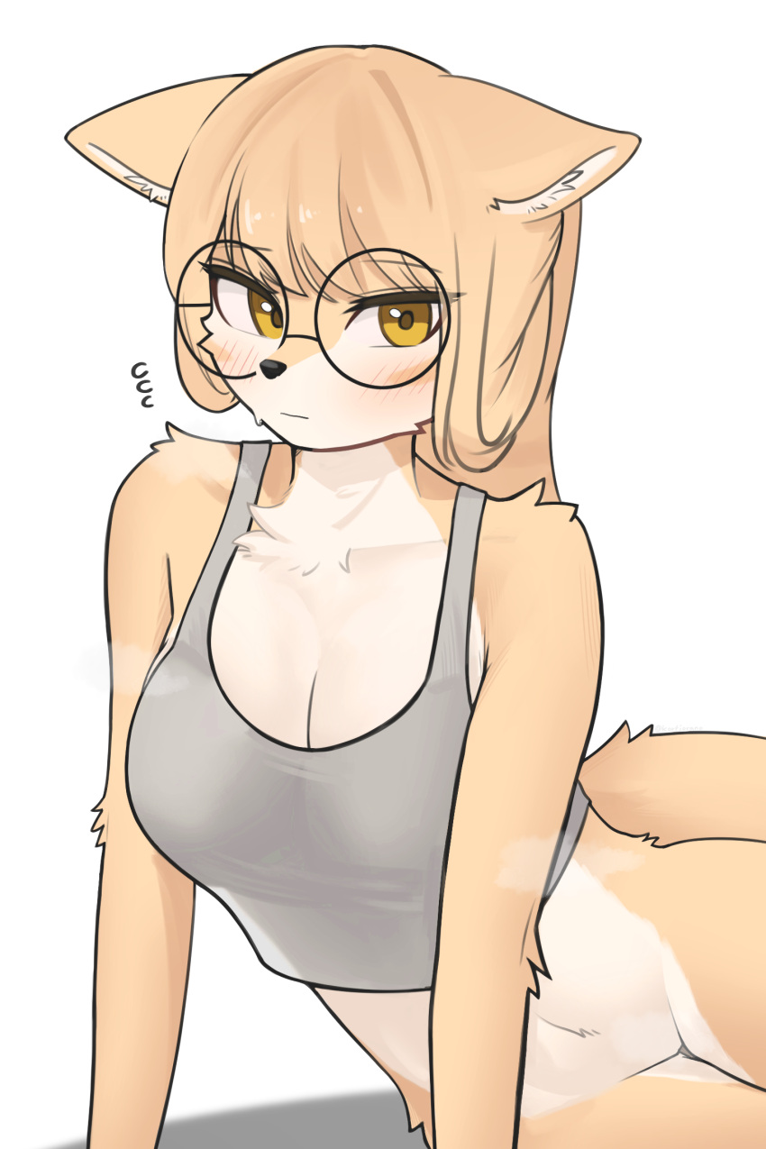 2022 anthro barely_visible_genitalia barely_visible_pussy black_nose blush bottomless breasts canid canine cleavage clothed clothing countershading crop_top eyewear female female_anthro fox fur genitals glasses hair hi_res jeifier kemono korfiorano looking_at_viewer mammal multicolored_body multicolored_fur pussy round_glasses shirt solo tan_body tan_fur tan_hair topwear two_tone_body two_tone_fur white_body white_fur yellow_eyes