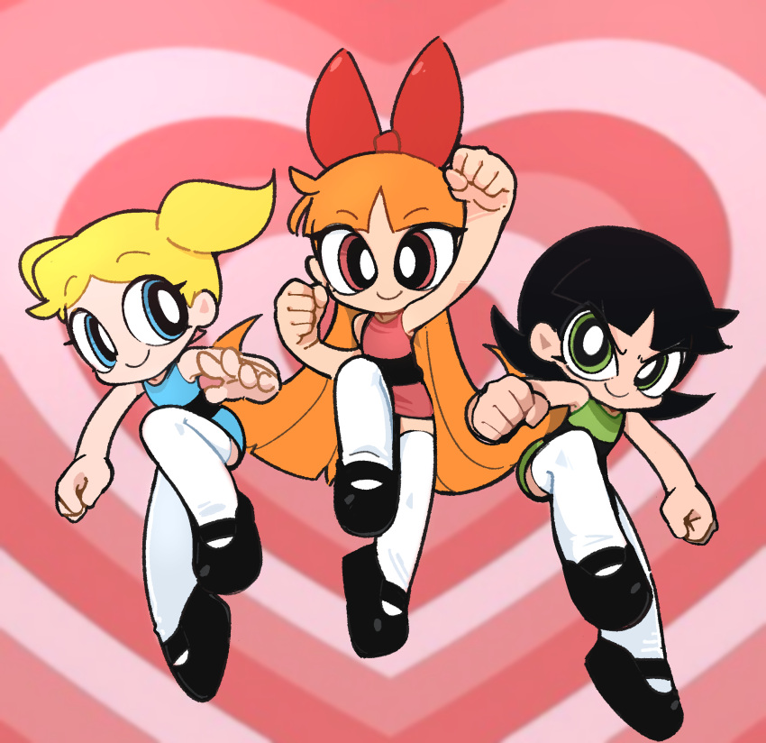 3girls alternate_legwear bangs black_hair blonde_hair blossom_(ppg) blue_eyes bow bubbles_(ppg) buttercup_(ppg) dress eyelashes green_eyes hair_bow heart heart_background highres kim_crab long_hair looking_at_viewer mary_janes multiple_girls orange_hair pink_background pink_eyes powerpuff_girls shoes short_dress short_hair smile thighhighs twintails very_long_hair