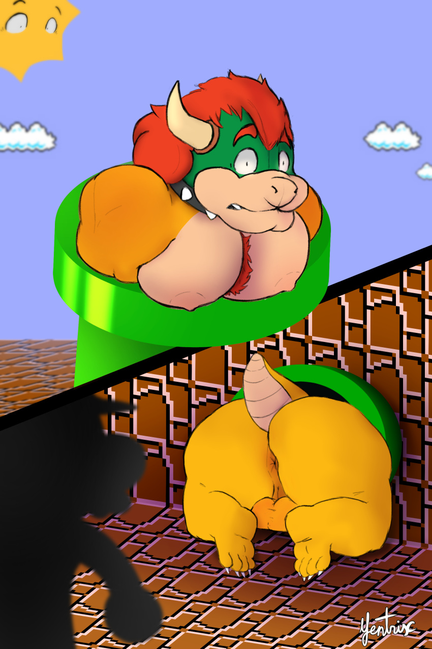 absurd_res anthro anus balls border bowser butt claws collar duo genitals hi_res horn humanoid_genitalia humanoid_penis koopa male mario_bros nintendo penis pipe scalie spiked_collar spikes stuck surprise surprised_expression teeth through_wall toe_claws toe_curl video_games yentrix