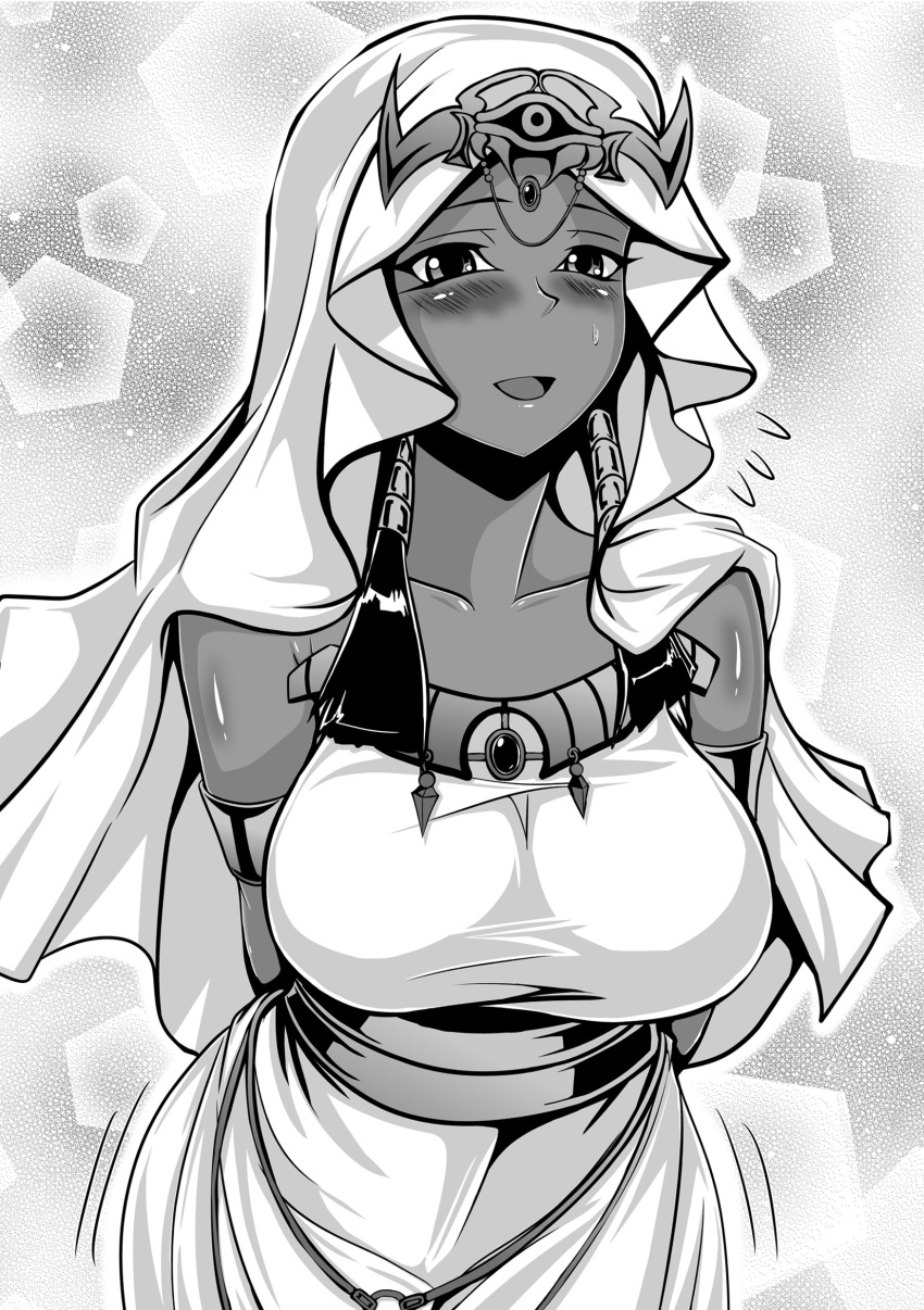 1girl :d absurdres arms_behind_back black_hair blush breasts circlet collarbone commentary dark-skinned_female dark_skin egyptian flying_sweatdrops forehead greyscale highres ishizu_ishtar large_breasts low_twintails monochrome open_mouth robe sangyou_haikibutsu_a smile solo sparkle taut_clothes twintails upper_body white_hood white_robe yu-gi-oh!