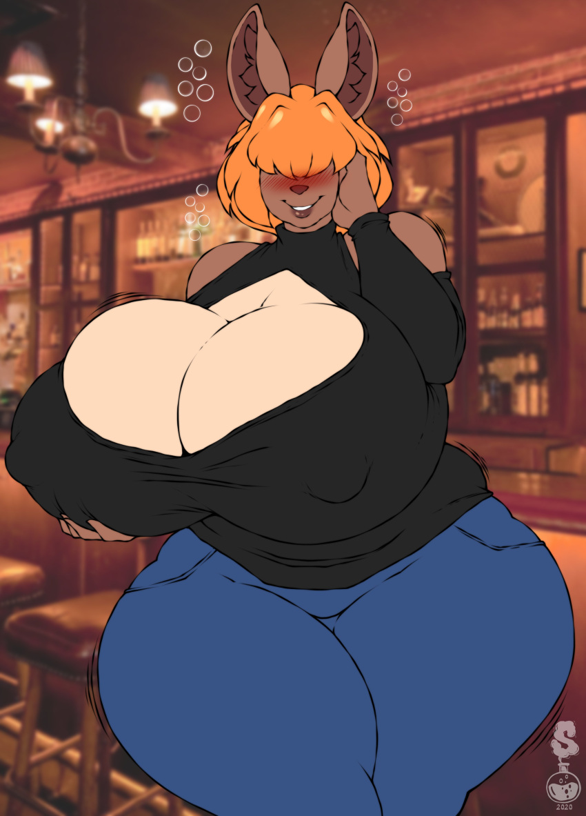 2020 absurd_res anthro big_breasts blush bottomwear bouncing_breasts breast_jiggle breasts brown_body brown_fur bubble bulging_breasts cleavage cleavage_cutout cleavage_overflow clothed clothing curvaceous curvy_figure dated denim denim_clothing detailed_background digital_drawing_(artwork) digital_media_(artwork) drunk drunk_bubble emily_(kawaiijetty) female fingers fur hair hair_over_eyes hi_res holding_breast hourglass_figure huge_breasts hyper hyper_breasts inner_ear_fluff inside jeans jiggling lagomorph leporid mammal motion_lines multicolored_body multicolored_fur nipple_outline orange_hair pants rabbit short_hair small_waist smile solo substance_intoxication superix tan_body tan_fur thick_thighs tuft two_tone_body two_tone_fur voluptuous watermark wide_hips