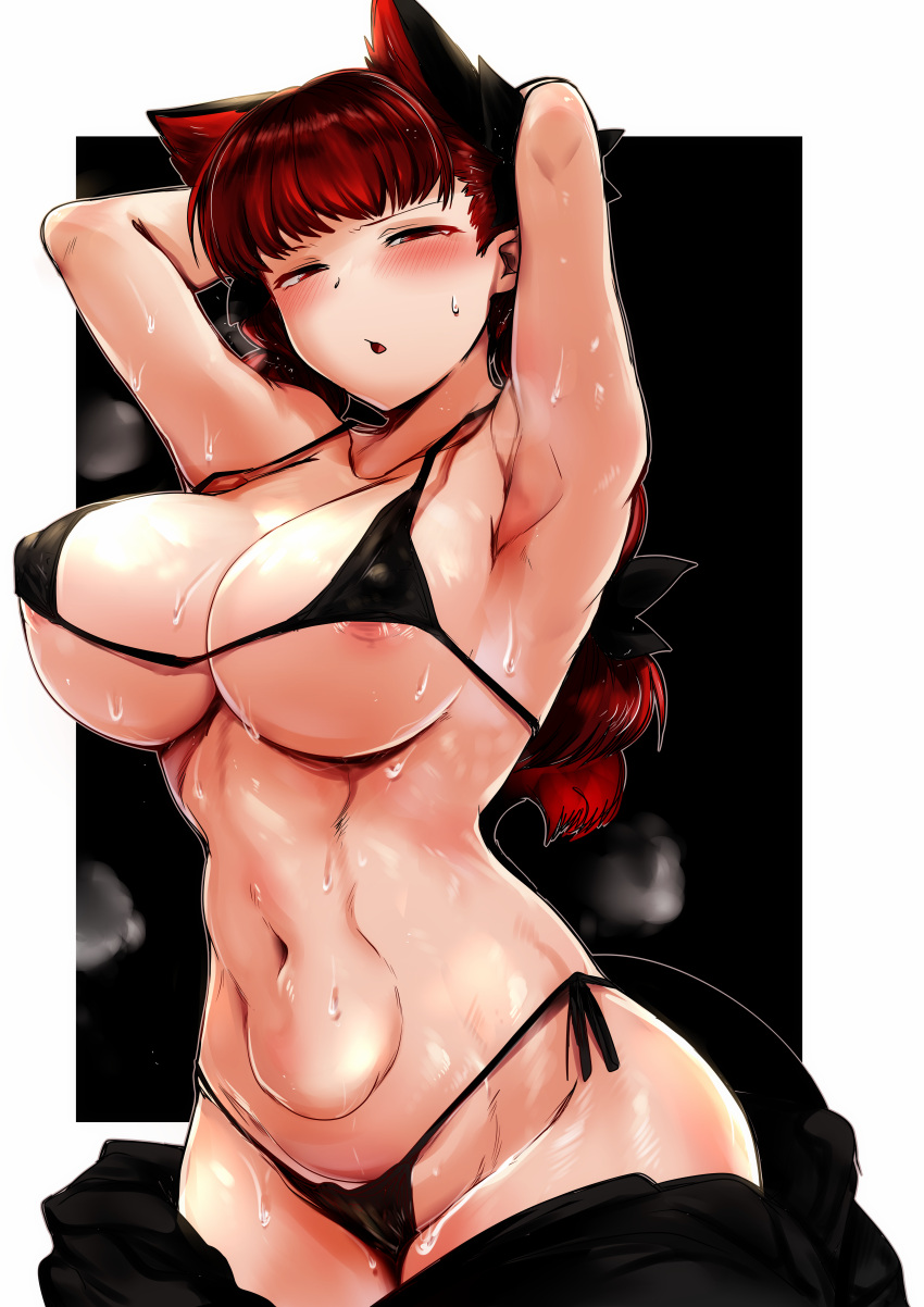 1girl :o absurdres animal_ears areola_slip armpits bikini black_bikini braid breasts cat_ears cat_tail extra_ears highres kaenbyou_rin long_hair mizuga multiple_tails navel open_mouth red_hair side-tie_bikini_bottom solo squinting sweat swimsuit tail touhou