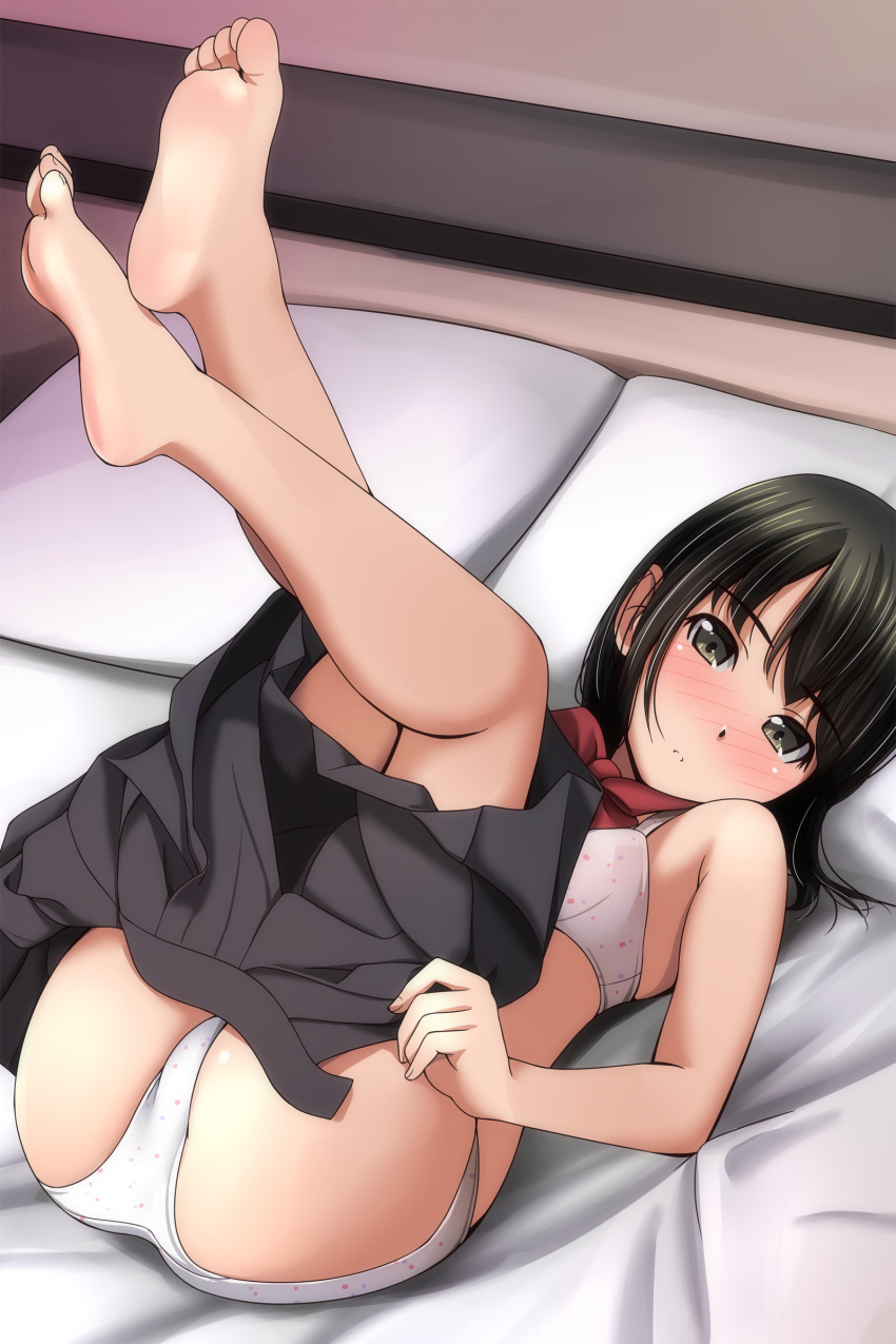 1girl absurdres bangs bare_arms bare_shoulders barefoot bed black_hair black_skirt blush bra brown_eyes closed_mouth clothes_pull highres legs_up long_hair looking_at_viewer lying matsunaga_kouyou nose_blush on_back on_bed open_clothes open_skirt original panties pillow pleated_skirt skirt skirt_pull soles solo underwear undressing white_bra white_panties
