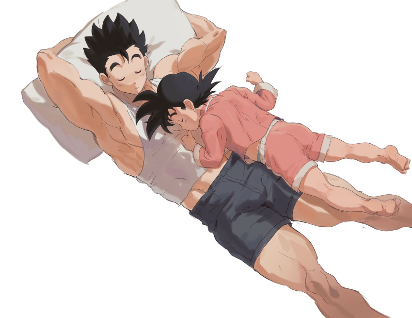 2boys black_hair black_shorts brothers closed_eyes dragon_ball dragon_ball_z highres large_pectorals lying lying_on_person male_child male_focus multiple_boys muscular muscular_male on_back pectorals pillow pink_shirt pink_shorts shirt short_hair shorts siblings simple_background sleeping son_gohan son_goten spiked_hair tank_top vivi95862484 white_background white_tank_top