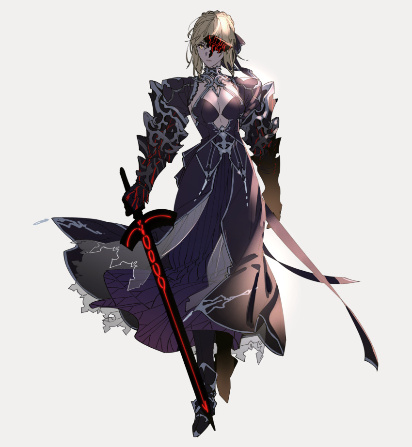1girl armor armored_boots armored_dress artoria_pendragon_(fate) black_bow black_dress blonde_hair boots bow braid breasts breasts_apart dress excalibur_morgan_(fate) eye_mask fate/grand_order fate_(series) french_braid gauntlets hair_bow highres looking_at_viewer medium_breasts saber_alter solo tenobe white_background yellow_eyes