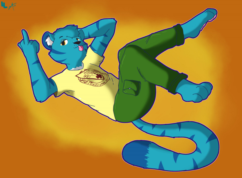anthro blue_body blue_fur bottomwear cargo_pants clothing felid fur gesture lucentleader male mammal middle_finger pantherine pants shirt solo tiger tongue tongue_out topwear