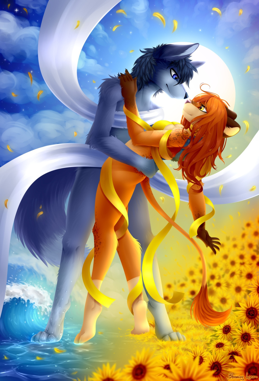 anthro anthro_on_anthro black_nose bloominglynx blue_body blue_ears blue_eyes blue_fur blue_hair brown_body brown_ears brown_fur canid closed_smile cloud digital_media_(artwork) duo embrace eye_contact felid female flower fur glistening glistening_eyes gloves_(marking) hair hi_res hug imminent_kiss leg_markings looking_at_another male male/female mammal markings mouth_closed nude orange_body orange_fur outside pink_nose plant shaded signature sky smile socks_(marking) standing sun sunflower tan_body tan_fur water yellow_eyes