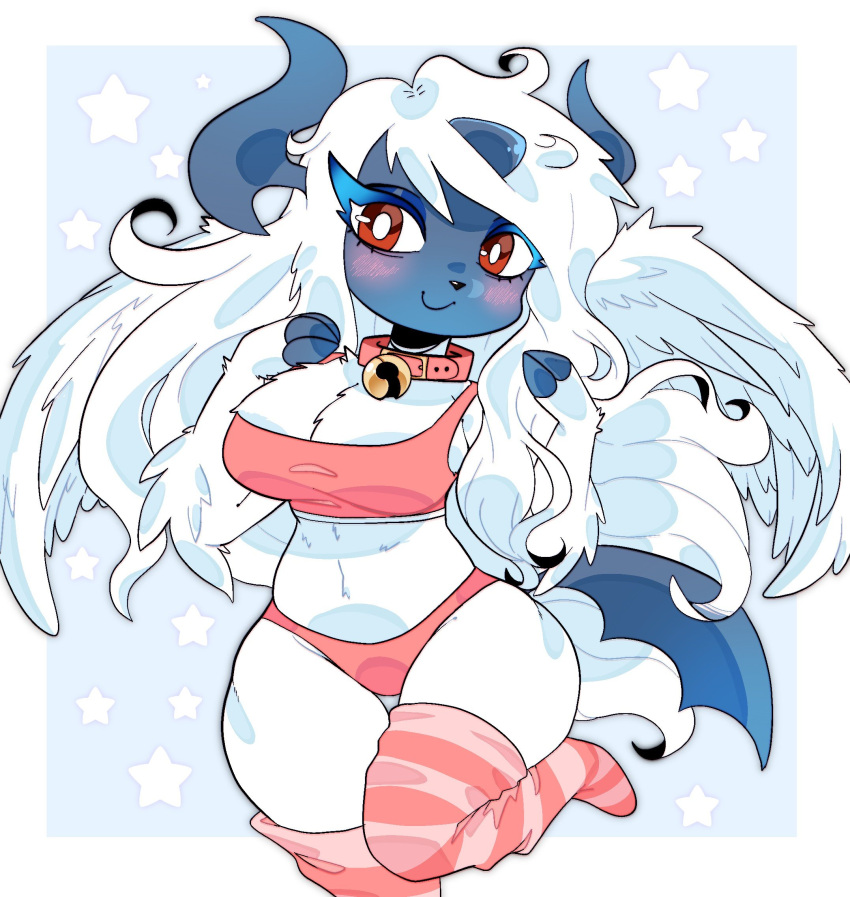 anthro bell bell_collar big_breasts blush breasts cheribunie cleavage clothed clothing collar female generation_3_pokemon hi_res legwear mega_absol mega_evolution nintendo pokemon pokemon_(species) pokemorph solo underwear video_games white_body wings