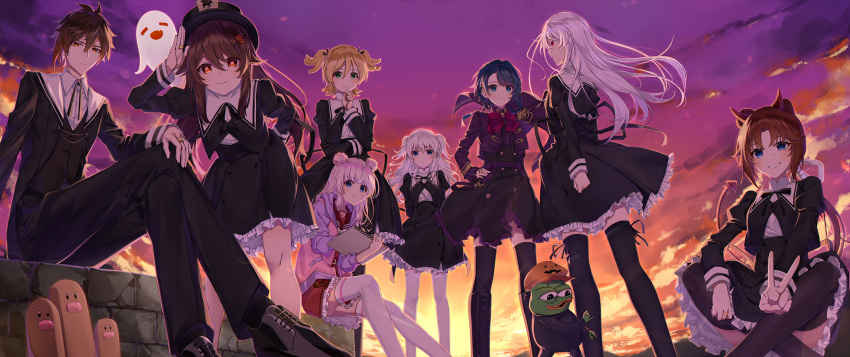 1boy 6+girls aizawa_kazuha arm_behind_back assault_lily bangs black_footwear black_pants black_ribbon black_skirt black_thighhighs blonde_hair blue_eyes blue_hair brown_eyes brown_hair character_request check_character cloud collared_shirt commentary crossover daiba_nana double_bun dugtrio english_commentary frilled_skirt frills genshin_impact ghost green_eyes grey_hair hair_between_eyes hair_bun hair_ribbon hand_on_hip high-waist_skirt highres holding hu_tao_(genshin_impact) jacket jewelry juliet_sleeves kanba_girls_high_school_uniform long_hair long_sleeves looking_at_viewer multiple_girls neck_ribbon official_alternate_costume pants paperca-ke pepe_the_frog pink_hair pink_jacket pokemon puffy_sleeves red_eyes red_ribbon red_sailor_collar red_skirt ribbon ring sailor_collar school_uniform shirai_yuyu shirt short_hair short_twintails shoujo_kageki_revue_starlight sidelocks sitting skirt sky smile sunset tanba_akari thighhighs twintails two_side_up v white_hair white_shirt white_thighhighs yurigaoka_girls_academy_school_uniform zhongli_(genshin_impact)