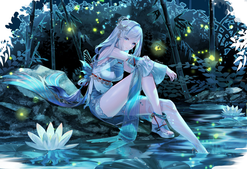 1girl anklet bamboo bangs blue_dress blue_eyes blue_nails breasts bush closed_mouth commentary detached_sleeves dress earrings fingernails fireflies flower full_body genshin_impact grey_hair hair_ornament high_heels highres jewelry kotosuzu large_breasts lily_pad long_hair looking_at_viewer lotus nail_polish outdoors shenhe_(genshin_impact) sidelocks signature single_thighhigh sitting solo tassel tassel_earrings thighhighs toenail_polish toenails very_long_hair water white_flower white_thighhighs wide_sleeves