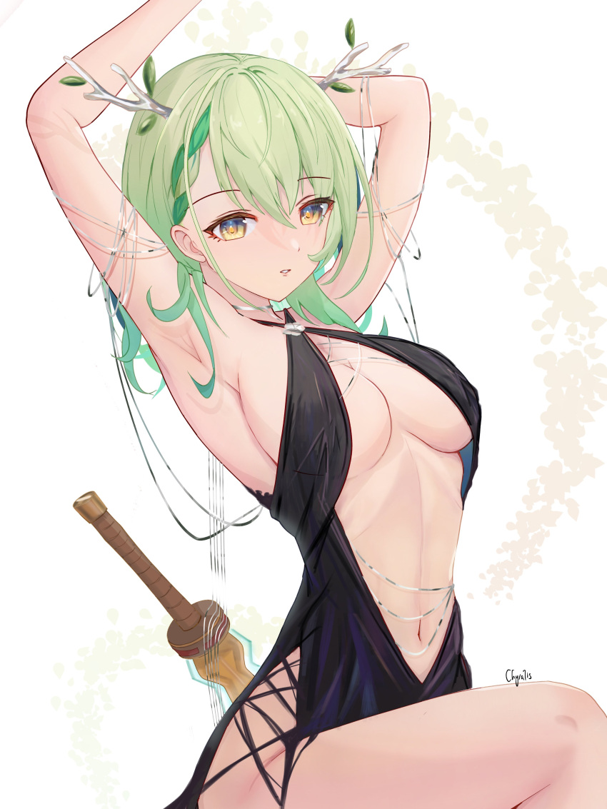 1girl absurdres antlers armpits artist_name bangs black_dress blush braid braided_bangs branch breasts ceres_fauna chyraliss criss-cross_halter cross-laced_slit dress flower green_hair hair_flower hair_ornament halterneck highres hololive hololive_english large_breasts long_hair multicolored_hair navel parted_lips solo sword sword_behind_back thighs virtual_youtuber weapon yellow_eyes