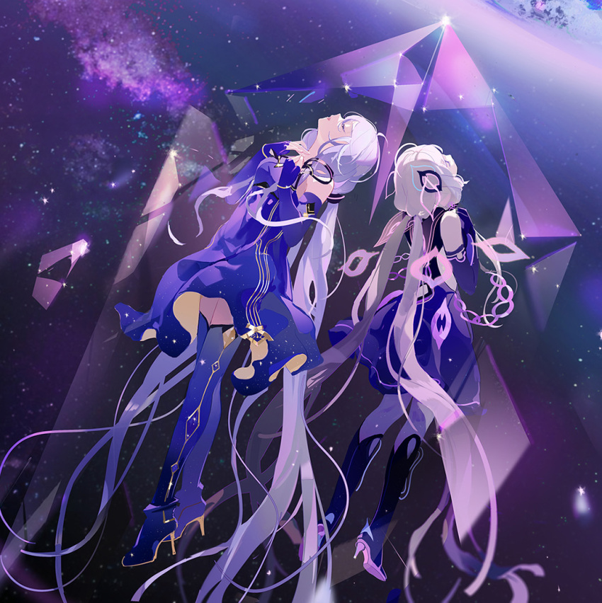 2girls absurdly_long_hair bare_shoulders boots chinese_commentary closed_eyes colored_shoe_soles crossed_legs dark_persona dress dual_persona elbow_gloves facing_up fingerless_gloves gem gloves grey_hair hands_on_own_chest legs_apart light_purple_hair lirseven long_hair minus_(synthesizer_v) multiple_girls nebula official_art parted_lips purple_background purple_dress purple_footwear purple_theme quad_tails quartz_(gemstone) sky sleeveless sleeveless_dress star_(sky) starry_sky synthesizer_v thigh_boots twintails two-sided_dress two-sided_fabric very_long_hair vocaloid wind wind_lift xingchen