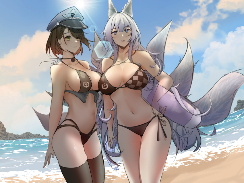 2girls absurdres animal_ears azur_lane baltimore_(azur_lane) beach bikini black_bikini blush breasts cleavage highres large_breasts long_hair midriff multiple_girls multiple_tails navel phantasmaliagon shinano_(azur_lane) smile swimsuit tail thighhighs