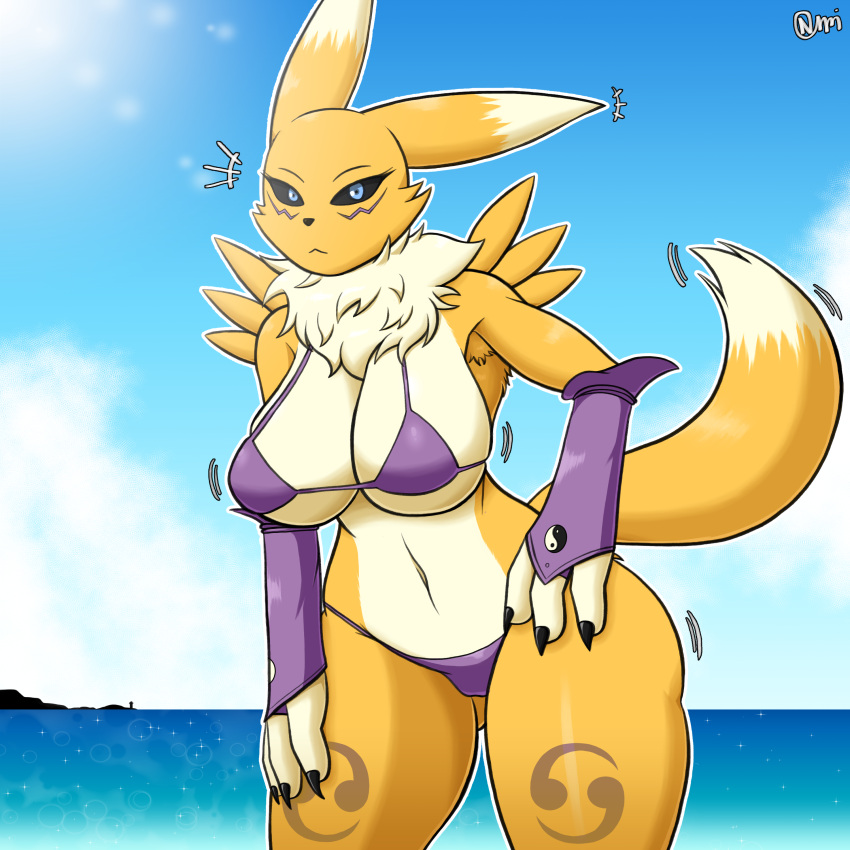 absurd_res anthro bandai_namco big_breasts bikini black_sclera breasts butt_from_the_front chest_tuft clothing digimon digimon_(species) female fur hi_res normi renamon solo swimwear tuft yellow_body yellow_fur
