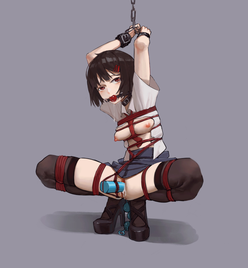 1girl ball_gag bangs bdsm black_footwear black_thighhighs blue_skirt bob_cut bondage bound bound_legs bound_wrists breasts bubble_(pixiv51545000) chain chained chinese_commentary clothes_lift commentary_request crotch_rope cuffs dildo full_body gag gagged grey_background hair_ornament hairclip high_heels highres looking_at_viewer necktie nipples no_bra no_panties object_insertion open_clothes open_shirt original platform_footwear platform_heels pussy pussy_juice raised_eyebrows red_eyes red_necktie restrained saliva school_uniform sex_toy shadow shibari shibari_over_clothes shirt shoes short_hair simple_background skirt skirt_lift small_breasts solo spread_legs squatting thighhighs white_shirt wide_spread_legs