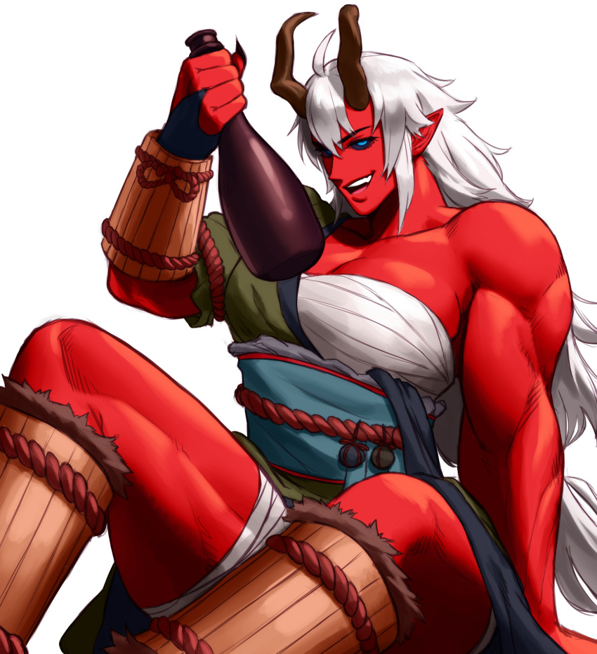 2022 absurd_res asian_clothing asian_mythology biceps blue_eyes bottle breasts chest_wraps clothing deltoids demon east_asian_clothing east_asian_mythology female hi_res horn humanoid humanoid_pointy_ears japanese_clothing japanese_mythology muscular muscular_female mythology not_furry obi oni red_body red_skin solo sotcho triceps wraps yokai