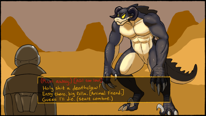 2022 60percentscalie animal_genitalia anthro armor bethesda_softworks claws deathclaw dialogue_box duo english_text fallout finger_claws gameplay_mechanics genital_slit genitals headgear helmet horn human male mammal muscular muscular_anthro muscular_male outside profanity slit smile text toe_claws video_games yellow_eyes