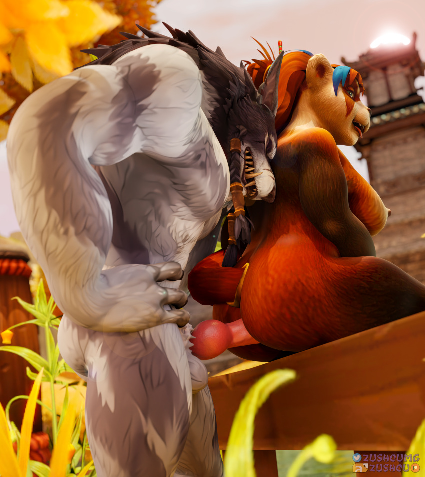 absurd_res ambiguous_penetration animal_genitalia animal_penis big_breasts blizzard_entertainment breasts canid canine_penis duo fangs female fur genitals hair hand_on_hip hi_res looking_back male male/female mammal mane nipples pandaren penetration penis red_body red_fur red_hair scar sex standing standing_sex tail_aside thick_thighs tongue tongue_out ursid video_games warcraft were werecanid white_body white_fur worgen zushou