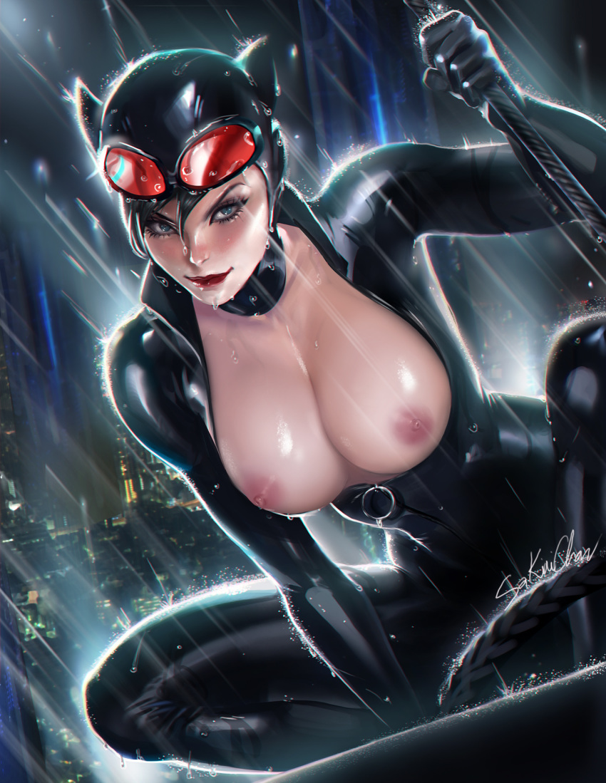 1girl animal_ears banned_artist batman_(series) black_hair blue_eyes bodysuit breasts breasts_outside cat_ears catsuit catwoman city dc_comics fake_animal_ears gloves goggles goggles_on_head highres large_breasts lips looking_at_viewer makeup night paid_reward patreon_reward rain sakimichan shiny shiny_skin sitting solo wet whip