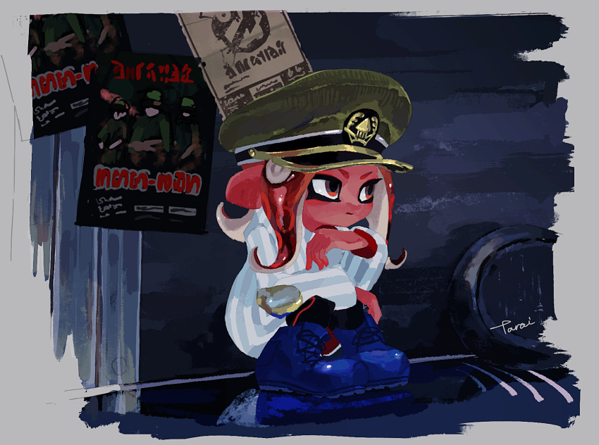 1girl ankle_boots black_pants blue_footwear boots cross-laced_footwear full_body green_hat hat highres lace-up_boots long_hair long_sleeves octarian octoling pants peaked_cap pink_eyes poster red_hair salmon_run signature single_horizontal_stripe solo splatoon splatoon_(series) splatoon_2 squatting striped suction_cups tarai_(silica5) tentacle_hair vertical_stripes