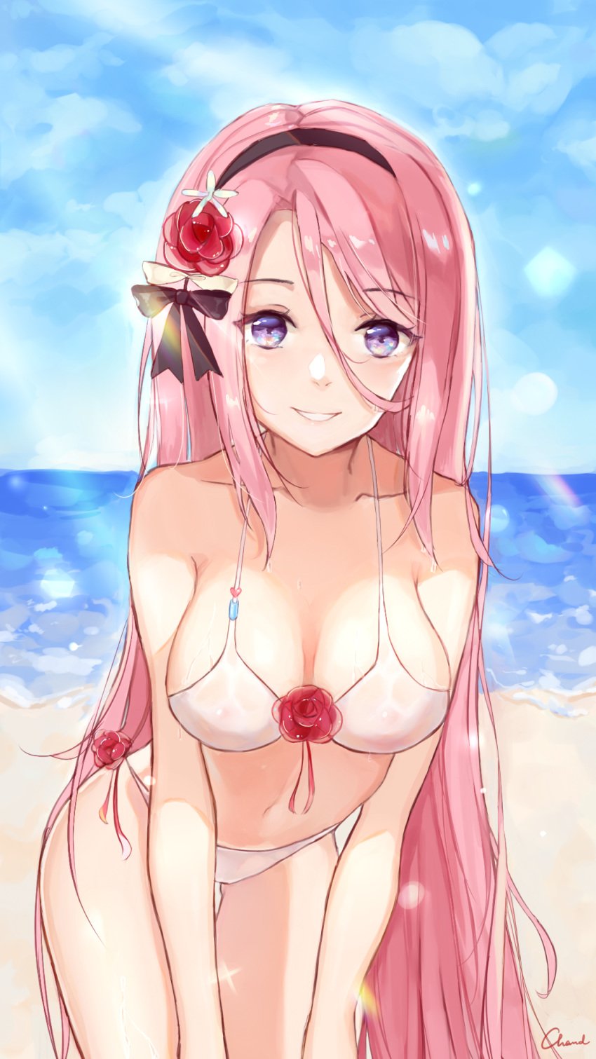 1girl alternate_costume artist_name azur_lane bangs bare_legs beach bikini bow breasts chand cleavage cloud cloudy_sky collarbone cowboy_shot day eyebrows_visible_through_hair flower gluteal_fold hair_between_eyes hair_bow hair_flower hair_ornament hairband highres leaning_forward lexington_(azur_lane) long_hair looking_at_viewer medium_breasts midriff navel ocean parted_bangs parted_lips pink_hair purple_eyes signature sky smile solo standing straight_hair swimsuit wet white_bikini