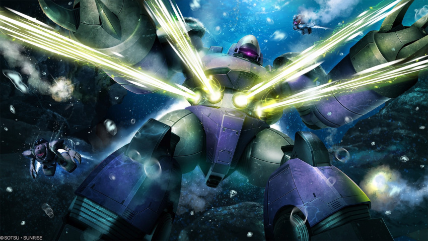 absurdres air_bubble arm_cannon battle beam_cannon bubble chest_cannon claws copyright_logo dual_arm_cannons energy_beam firing glowing glowing_eye gogg gundam gundam_battle_operation_2 highres jurick_(mobile_suit) lens_flare machinery mecha mecha_focus mobile_suit no_humans official_art one-eyed painting_(medium) realistic red_eyes robot scan science_fiction sunrise_(company) tenjin_hidetaka traditional_media underwater weapon zeon