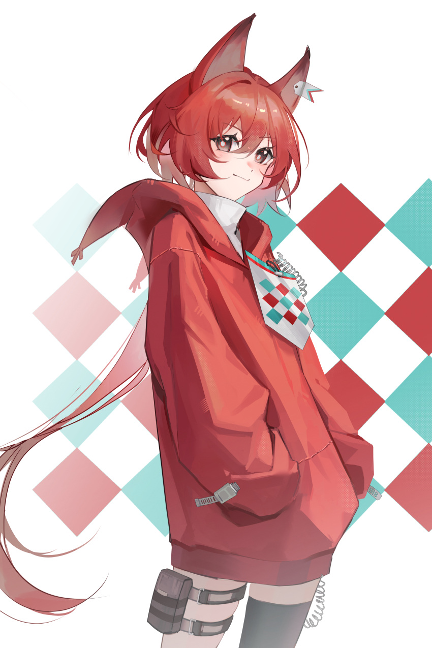 1girl absurdres animal_ears argyle argyle_background arknights bangs black_thighhighs brown_eyes closed_mouth commentary_request flametail_(arknights) hair_between_eyes hands_in_pocket highres hood hood_down hoodie long_hair low_ponytail ponytail red_hair red_hoodie shirt single_thighhigh smile solo thighhighs turtleneck very_long_hair white_background white_shirt z4_zzai