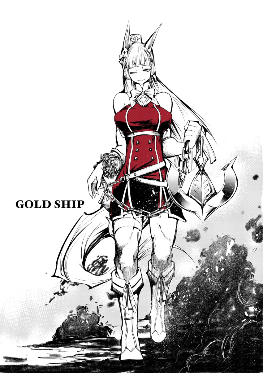 1girl anchor animal_ears bangs boots breasts bridle chain character_name closed_mouth commentary dress elbow_gloves full_body gloves gold_ship_(umamusume) greyscale hat highres holding holding_anchor horse_ears horse_girl horse_tail knee_boots large_breasts long_hair looking_at_viewer monochrome muscular muscular_female nomomono_eraser one_eye_closed red_dress simple_background smoke solo spot_color standing tail thigh_strap umamusume