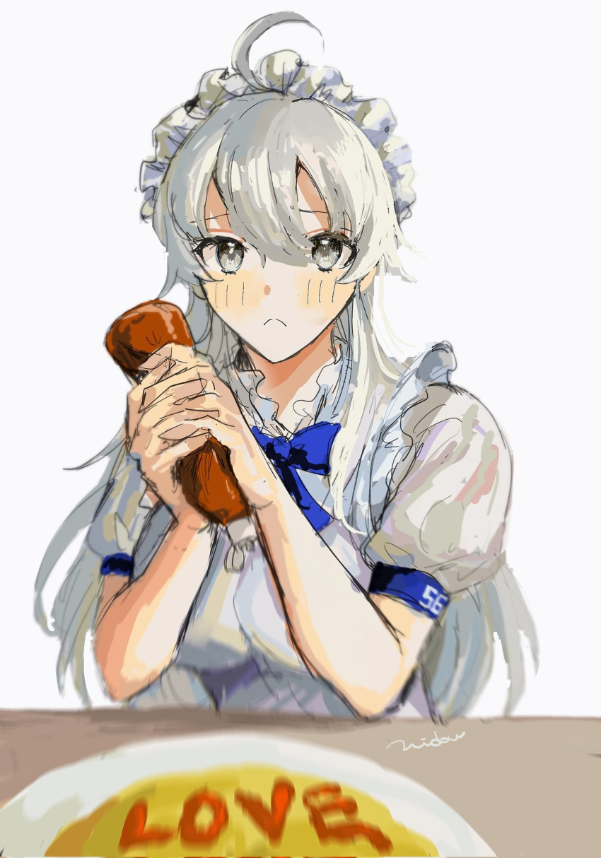 1girl :&lt; ahoge alternate_costume apron bangs blue_bow blue_bowtie blush bow bowtie breasts closed_mouth enmaided food grey_eyes grey_hair hair_between_eyes highres holding kantai_collection ketchup ketchup_bottle long_hair looking_at_viewer maid maid_headdress nidou omurice one-hour_drawing_challenge plate puffy_short_sleeves puffy_sleeves short_sleeves signature simple_background solo upper_body washington_(kancolle)