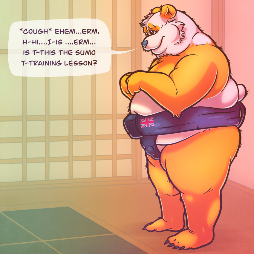 1:1 2022 anthro asian_clothing belly big_belly bulge clothing dialogue east_asian_clothing english_text giant_panda hi_res humanoid_hands japanese_clothing korndoggychub male mammal mawashi overweight overweight_male solo sumo sumo_wrestler text ursid