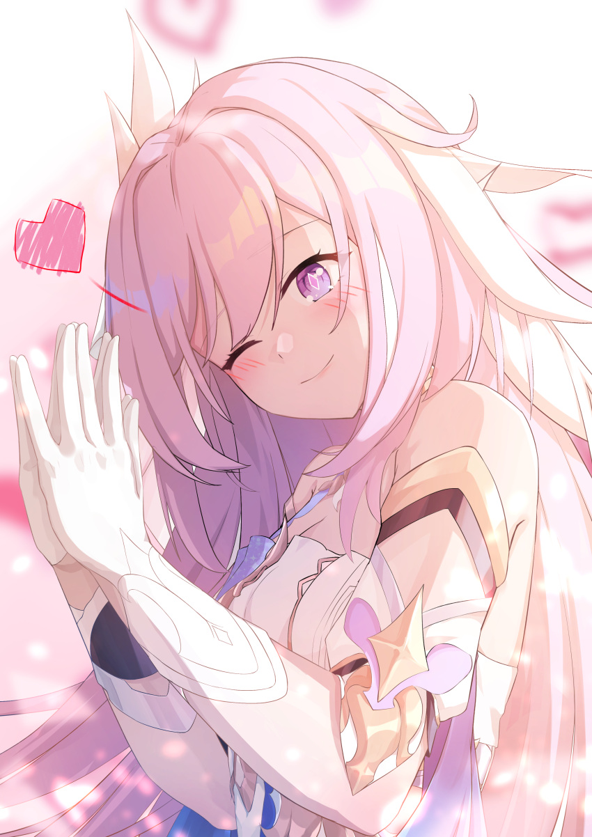 1girl absurdres bangs blush caisena closed_mouth dress elf elysia_(herrscher_of_human:ego) elysia_(honkai_impact) gloves heart highres honkai_(series) honkai_impact_3rd long_hair looking_at_viewer multicolored_background one_eye_closed own_hands_together pink_background pink_hair pointy_ears purple_eyes smile solo white_background white_dress white_gloves