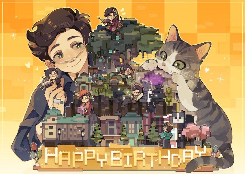 1boy 1other animal blush border brown_hair cat character_doll checkered_background english_commentary english_text goodtimeswithscar green_eyes happy_birthday heart hermitcraft highres jellie_(hermitcraft) luminous_slime minecraft real_life short_hair smile toy