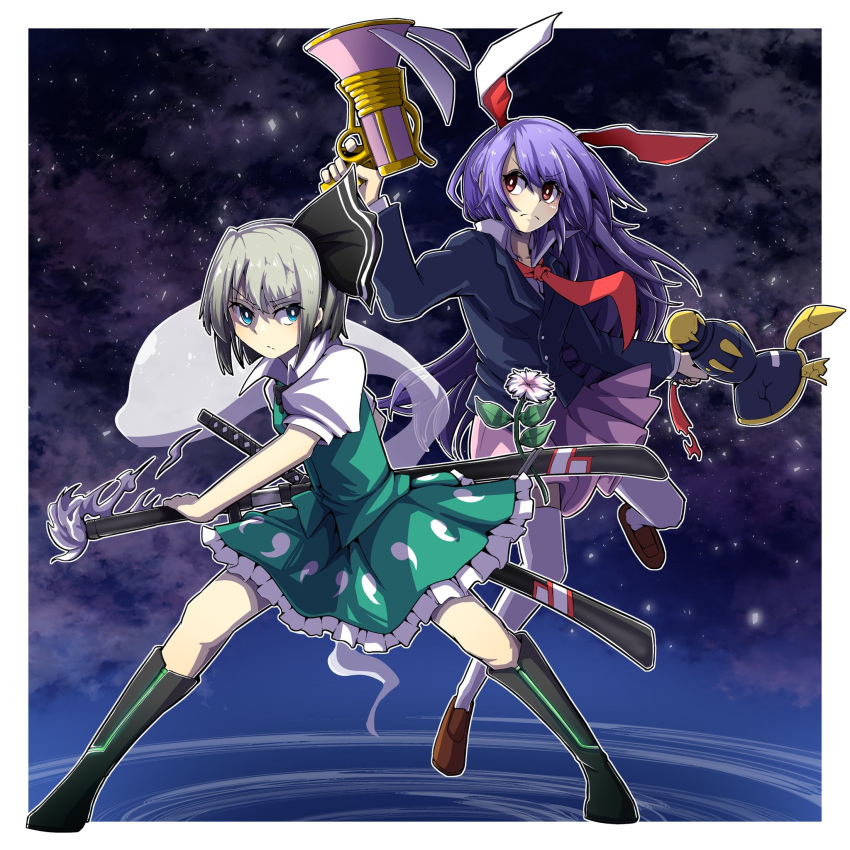 2girls animal_ears black_hairband black_jacket blazer border brown_footwear collared_shirt full_body ghost gradient gradient_background green_eyes green_skirt green_vest grey_hair hairband highres hurin_raika jacket konpaku_youmu konpaku_youmu_(ghost) long_hair lunatic_gun multiple_girls multiple_swords necktie pink_skirt purple_hair rabbit_ears red_eyes red_necktie reisen_udongein_inaba sheath shirt short_sleeves skirt starry_background touhou vest white_border white_shirt