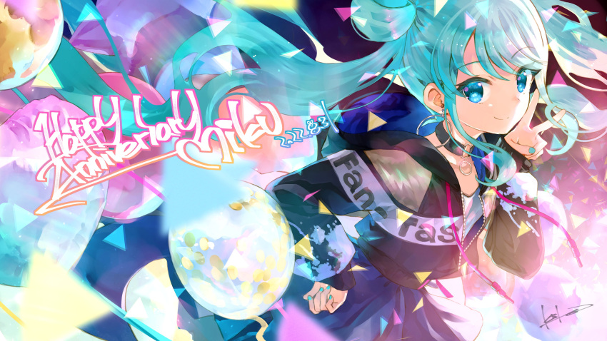 1girl absurdres aqua_eyes aqua_hair aqua_nails artist_request balloon black_jacket blue_skirt choker colorful_palette earrings hair_between_eyes hair_bun happy_birthday hatsune_miku highres jacket jewelry kei_(keigarou) long_sleeves official_art project_sekai skirt smile vivid_bad_squad_(project_sekai) vocaloid