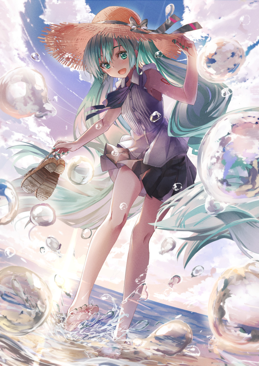 1girl arm_up bare_arms bare_shoulders barefoot black_skirt blue_sky brown_footwear brown_headwear cloud collared_shirt commentary_request daidou_(demitasse) day dress_shirt green_eyes green_hair green_nails hand_on_headwear hat hatsune_miku highres holding holding_clothes holding_footwear horizon long_hair nail_polish ocean outdoors pleated_skirt sandals sandals_removed shirt skirt sky sleeveless sleeveless_shirt solo splashing straw_hat twintails very_long_hair vocaloid water white_shirt
