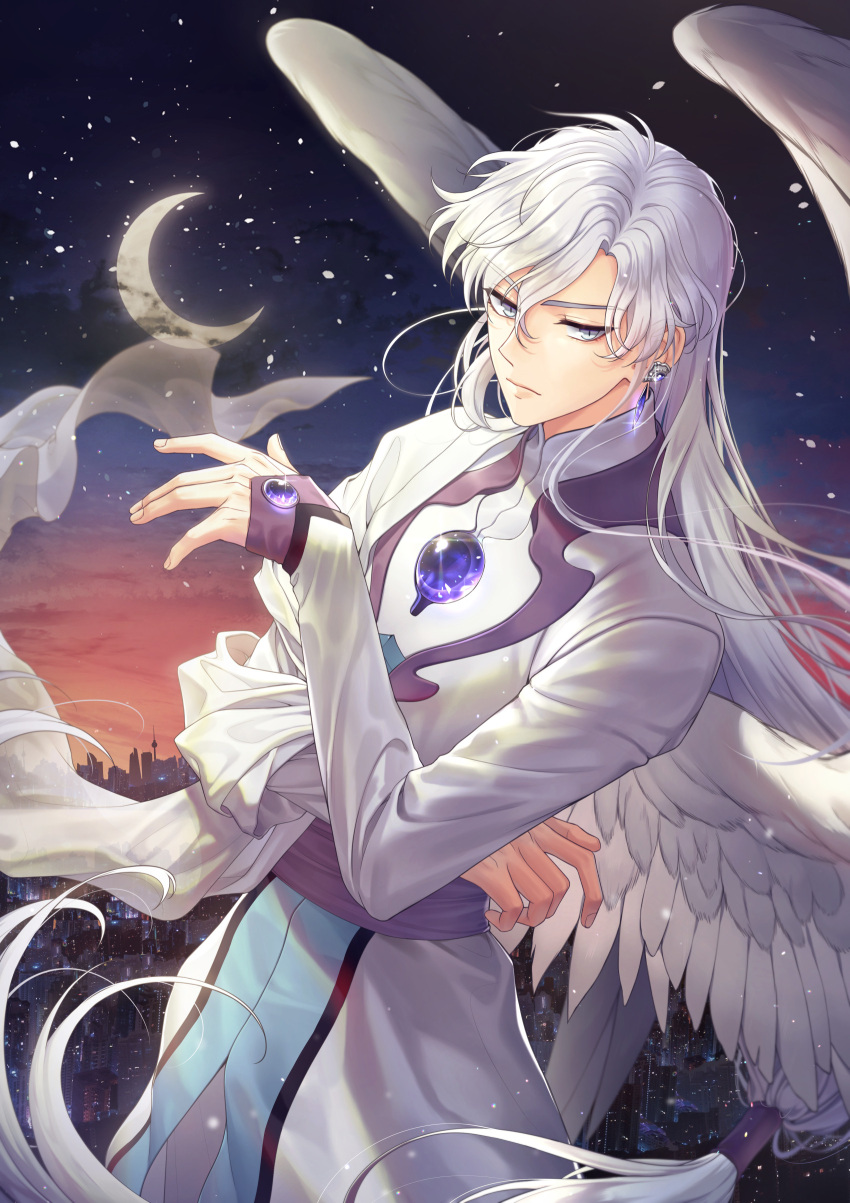 1boy absurdres bangs bishounen cardcaptor_sakura city cityscape closed_mouth cloud commentary crescent_moon earrings expressionless eyelashes feathered_wings floating_hair gem glint grey_eyes hair_between_eyes hand_up highres jewelry lem_tea long_hair long_sleeves looking_at_viewer low-tied_long_hair male_focus moon night night_sky outdoors parted_bangs robe sidelocks sky sleeves_past_wrists solo star_(sky) starry_sky very_long_hair white_hair white_robe white_wings wings yue_(ccs)