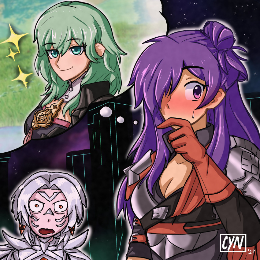 1other 2girls absurdres artist_request arval_(fire_emblem) bangs blush breasts byleth_(fire_emblem) byleth_(fire_emblem)_(female) choker cleavage closed_mouth fire_emblem fire_emblem:_three_houses fire_emblem_warriors:_three_hopes hair_bun hair_over_one_eye highres large_breasts long_hair looking_at_viewer medium_breasts multiple_girls purple_eyes purple_hair shez_(fire_emblem) shez_(fire_emblem)_(female) yuri