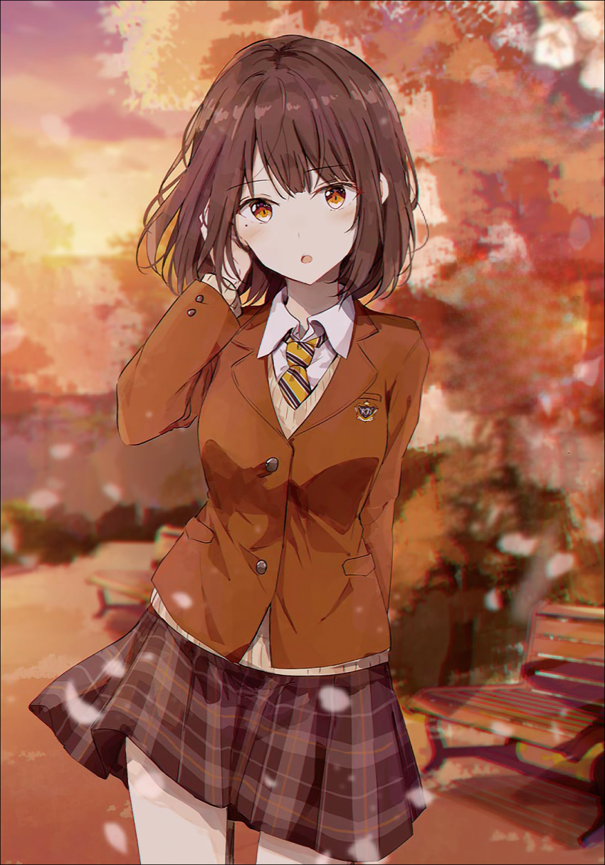 1girl :o adjusting_hair autumn autumn_leaves bad_link bangs bench black_necktie blazer blunt_bangs blurry blurry_background blush bob_cut brown_eyes brown_hair brown_jacket brown_sweater_vest clothes_lift cowboy_shot depth_of_field diagonal_stripes dress_shirt dusk genjitsu_de_lovecome_dekinaito_dare_ga_kimeta grey_skirt hand_on_own_head highres jacket kiyosato_mei looking_at_viewer messy_hair mole mole_under_eye necktie official_art open_mouth orange_sky park park_bench path plaid plaid_skirt pleated_skirt school_uniform shiina_kuro shirt short_hair skirt skirt_lift sky solo standing striped striped_necktie sunset sweater_vest tree two-tone_necktie white_shirt wind yellow_necktie