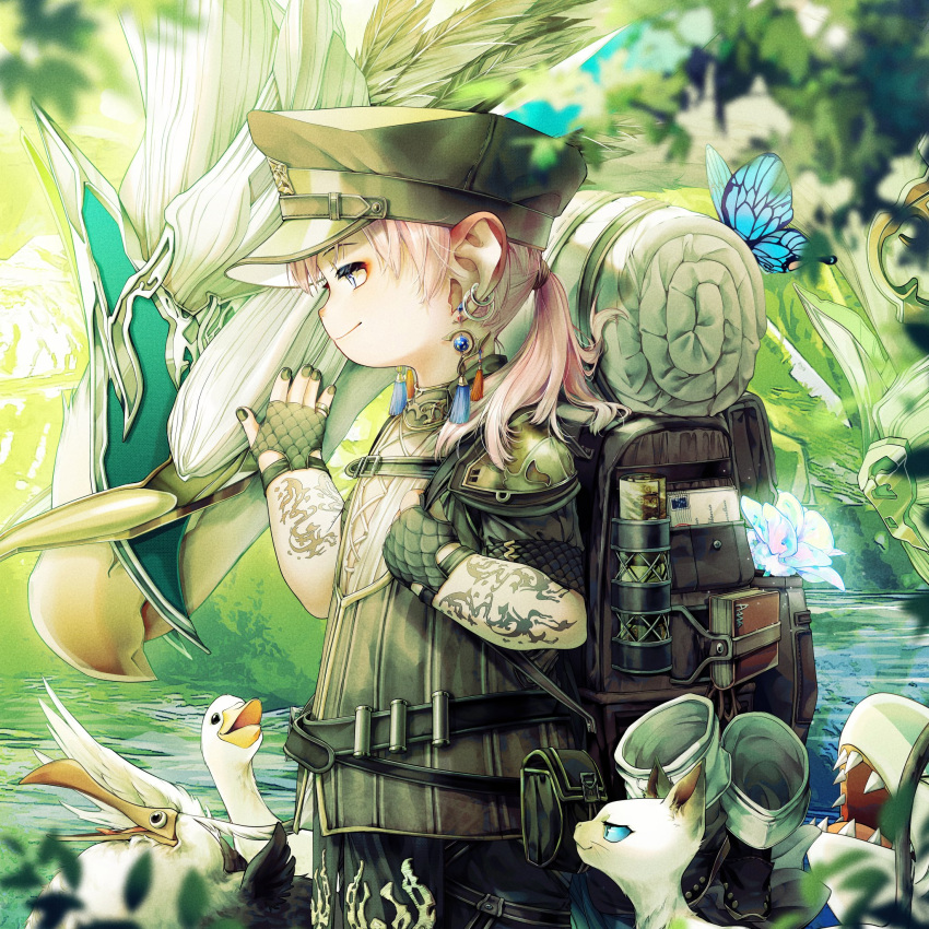 1girl arm_tattoo armor avatar_(ff14) backpack bag barding belt belt_pouch bird black_pants blue_butterfly blue_eyes blurry bug butterfly cat chest_belt chocobo commentary cowboy_shot depth_of_field dodo_(bird) duck ear_piercing earrings eyeshadow feathers final_fantasy final_fantasy_xiv fingerless_gloves flower from_side gloves glowing_flower grass green_gloves green_jacket green_nails hair_tie hand_up highres holding_strap jacket jewelry lalafell leaf letter looking_down makeup medium_hair mixed-language_commentary nail_polish outdoors pants pauldrons petting piercing pink_hair plant pointy_ears ponytail postage_stamp postcard pouch profile red_eyeshadow ruoliang scroll scroll_tube shark shoulder_armor smile solo standing tassel tassel_earrings tattoo water