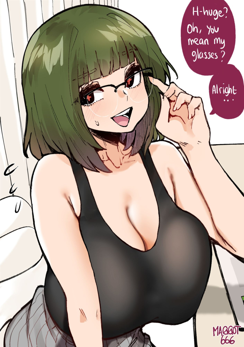1girl breasts collarbone glasses green_hair highres large_breasts looking_at_viewer norman_maggot open_mouth original solo speech_bubble sweat upper_body