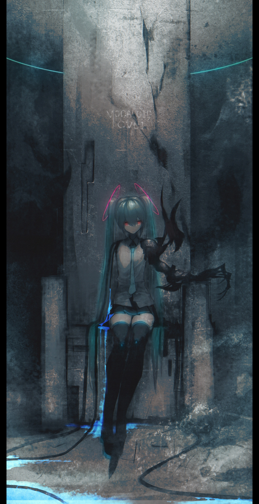 1girl absurdres amputee android aqua_hair black_footwear black_skirt bleeding blood blue_blood blue_necktie boots cable copyright_name crack damaged hair_ornament hatsune_miku highres long_hair looking_at_viewer mechanical_arms mechanical_wings miniskirt mutomorokoshi necktie pillarboxed pleated_skirt reaching_out red_eyes ring_hair_ornament sad shirt single_mechanical_arm single_wing sitting skirt solo thigh_boots throne twintails very_long_hair vocaloid wings zettai_ryouiki