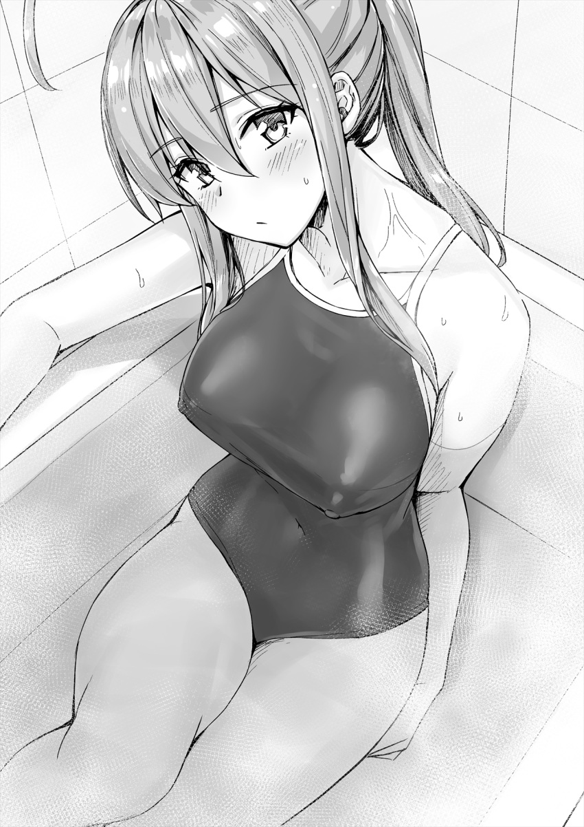 1girl ahoge bath bathtub blush breasts collarbone covered_nipples feet_out_of_frame from_above head_tilt highres kotatsu_(kotatsu358) large_breasts long_hair looking_at_viewer monochrome neet_de_otaku_na_kunoichi_to_naze_ka_dousei_hajimemashita original partially_submerged ponytail school_swimsuit shizuri_(neet_de_otaku_na_kunoichi_to_naze_ka_dousei_hajimemashita) sidelocks sitting solo swimsuit tile_wall tiles water wet