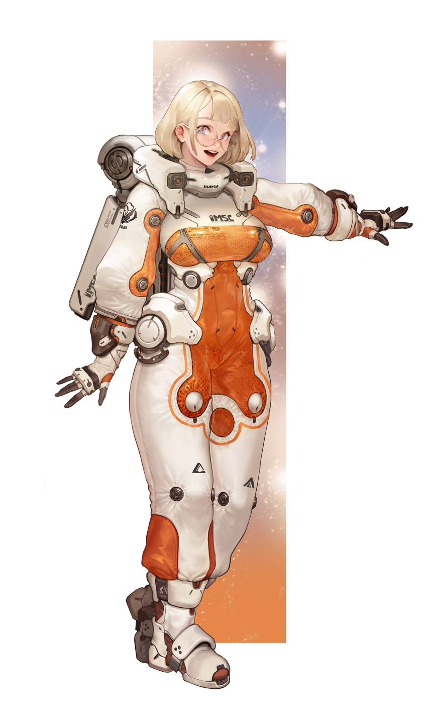 1girl absurdres arm_at_side bangs blonde_hair blue_eyes blunt_bangs boots border breasts cameltoe full_body glasses highres instant_ip large_breasts long_sleeves looking_at_viewer medium_hair open_hands open_mouth original outside_border outstretched_arm solo spacesuit standing white_border