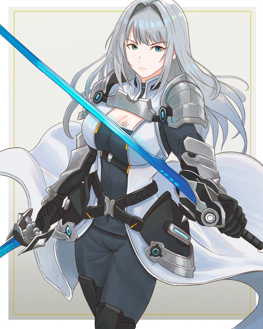 1girl absurdres armor bangs blue_eyes breast_tattoo breasts cleavage cleavage_cutout closed_mouth clothing_cutout dual_wielding ethel_(xenoblade) grey_hair highres holding large_breasts long_hair looking_at_viewer shoulder_armor simple_background solo sword tattoo truejekart very_long_hair weapon xenoblade_chronicles_(series) xenoblade_chronicles_3