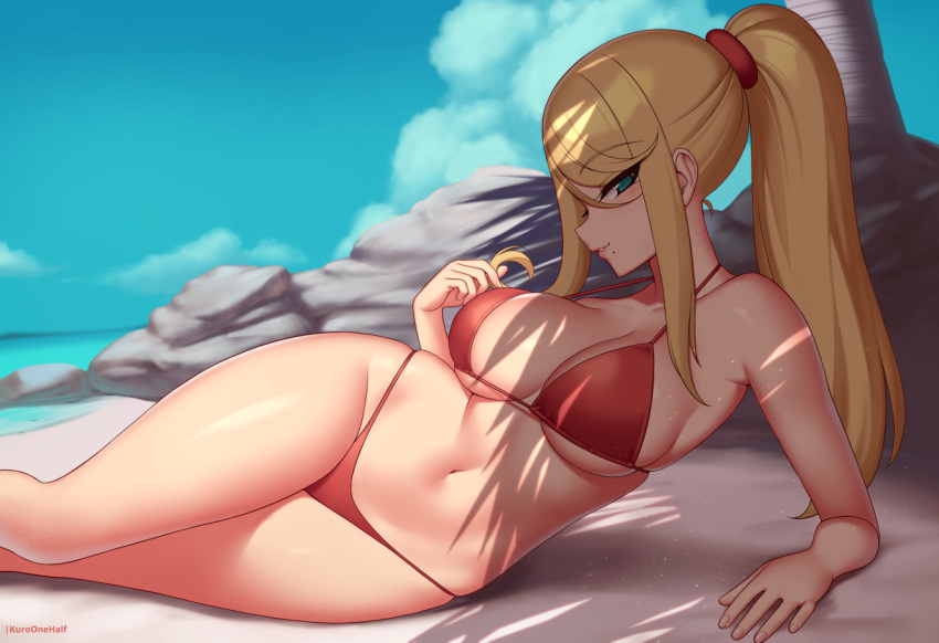 1girl aqua_eyes arm_support armpit_crease artist_name bangs beach bikini blonde_hair blue_sky blush breasts cloud commentary day english_commentary feet_out_of_frame hair_ornament halterneck hand_in_own_hair horizon kuroonehalf large_breasts light_particles long_hair looking_at_viewer looking_to_the_side lying metroid mixed-language_commentary mole mole_under_mouth navel on_side outdoors parted_lips playing_with_own_hair ponytail red_bikini rock samus_aran sand shadow sidelocks skindentation sky smile solo string_bikini swimsuit teeth thighs tree water