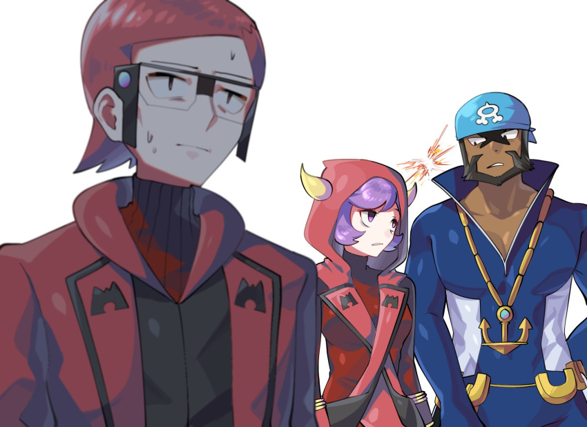 1girl 2boys archie_(pokemon) bandana beard dark-skinned_male dark_skin facial_hair fake_horns glasses highres hood hoodie horns lightning_glare looking_at_another maxie_(pokemon) mega_stone multiple_boys pokemon pokemon_(game) pokemon_oras purple_eyes purple_hair red_hair sweat takibpkms team_aqua team_magma team_magma_uniform white_background