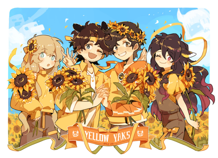 2boys 2girls animal_ears banner beard blonde_hair blue_eyes blush border brown_eyes brown_hair elainaexe english_commentary english_text eyewear_hang eyewear_removed facial_hair fang flower georgenotfound hair_flower hair_ornament head_wreath headband holding_hands hood hoodie jacket jewelry long_hair luminous_slime mc_championship multiple_boys multiple_girls necklace one_eye_closed open_mouth overalls pants pink_eyes purple_hair ribbon sapnap short_hair sky sunflower sunflower_hair_ornament sunglasses sweater v very_long_hair vgumiho