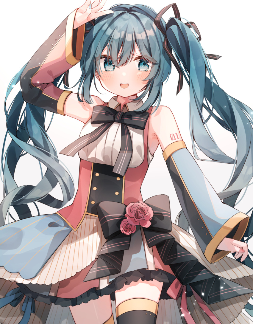 1girl :d arm_up bare_shoulders black_bow black_thighhighs blue_eyes blue_hair blue_skirt blue_sleeves bow collared_shirt commentary detached_sleeves flower frilled_skirt frills hatsune_miku heripiro highres long_hair long_sleeves looking_at_viewer nail_polish pink_flower pink_nails pink_rose pink_skirt pink_sleeves pleated_skirt rose shirt simple_background skirt sleeveless sleeveless_shirt sleeves_past_wrists smile solo striped striped_bow thighhighs twintails very_long_hair vocaloid white_background white_shirt wide_sleeves